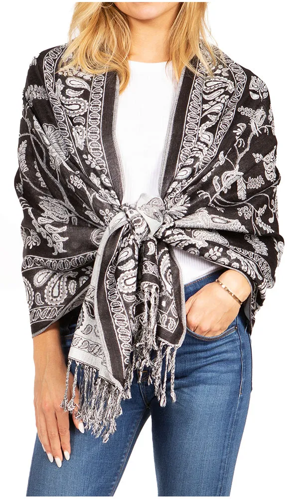 Sakkas Gianna Women's Silky Soft Reversible Floral Woven Pashmina Scarf Shawl Wrap