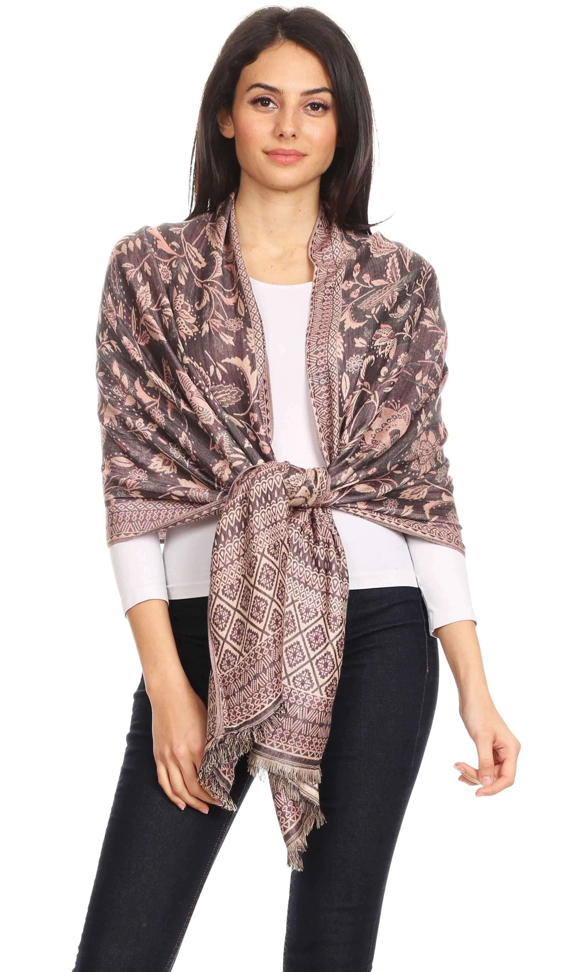 Sakkas Gianna Women's Silky Soft Reversible Floral Woven Pashmina Scarf Shawl Wrap