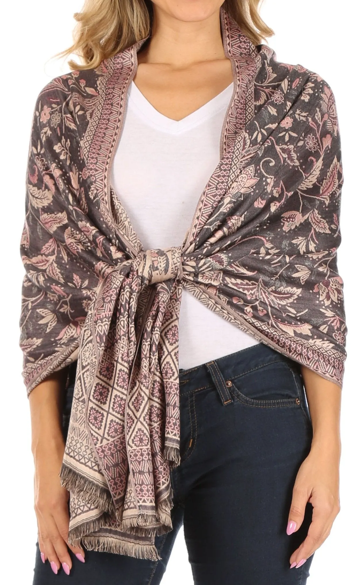 Sakkas Gianna Women's Silky Soft Reversible Floral Woven Pashmina Scarf Shawl Wrap