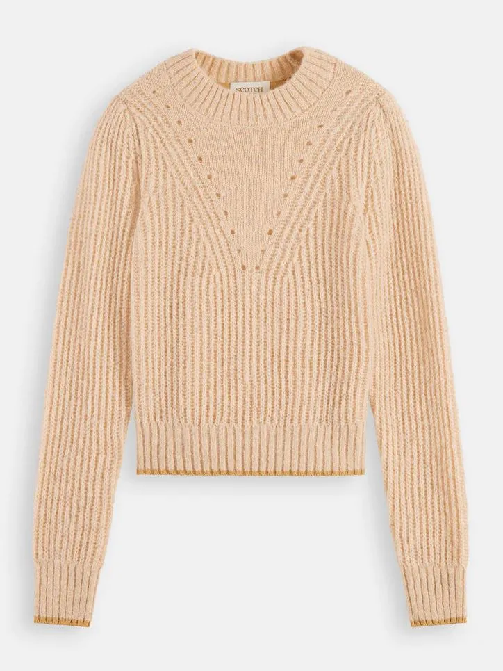 Scotch & Soda Crewneck Knit with Puffed Sleeves - Camel Melange