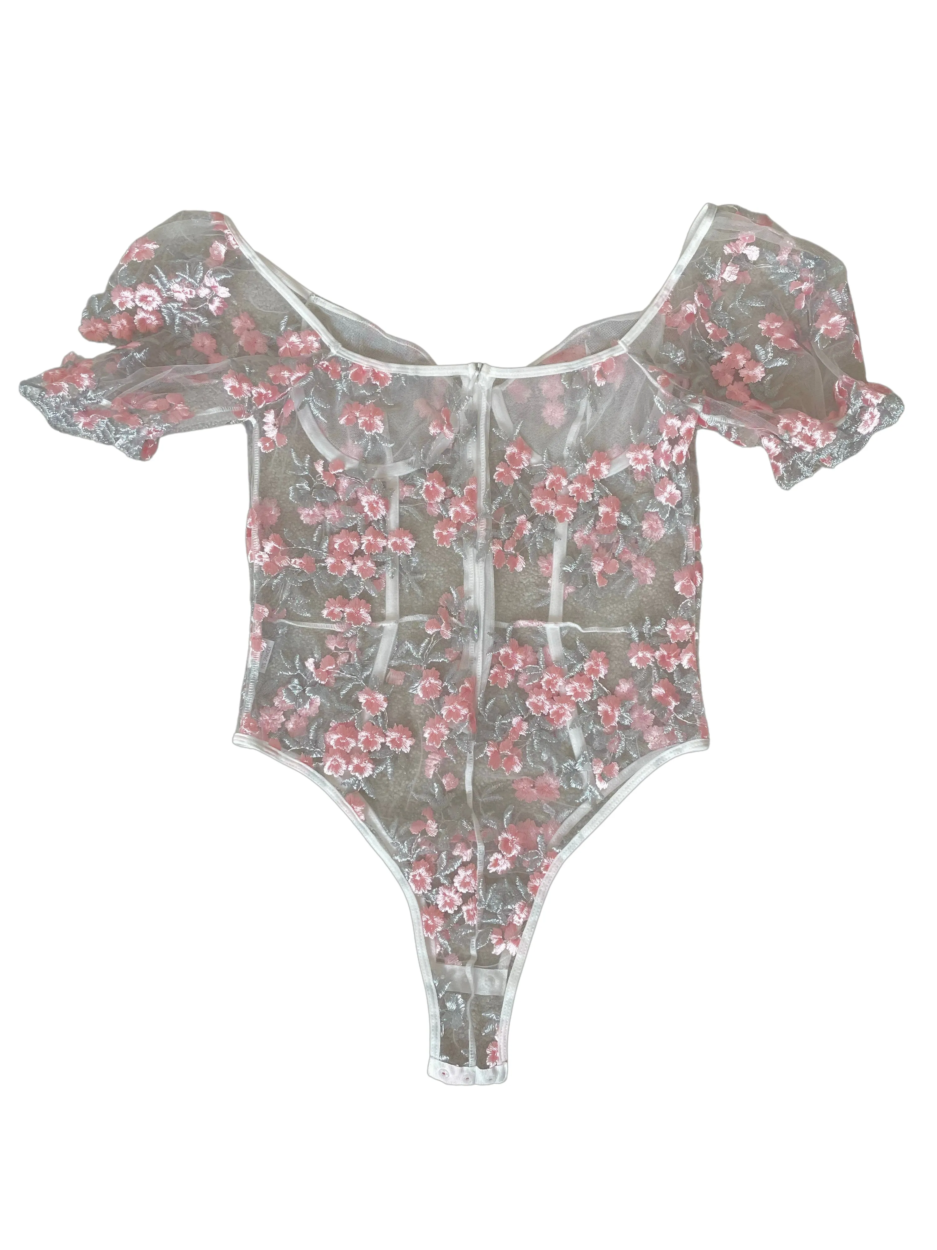 Silver and Pink Floral Embroidered Body Suit