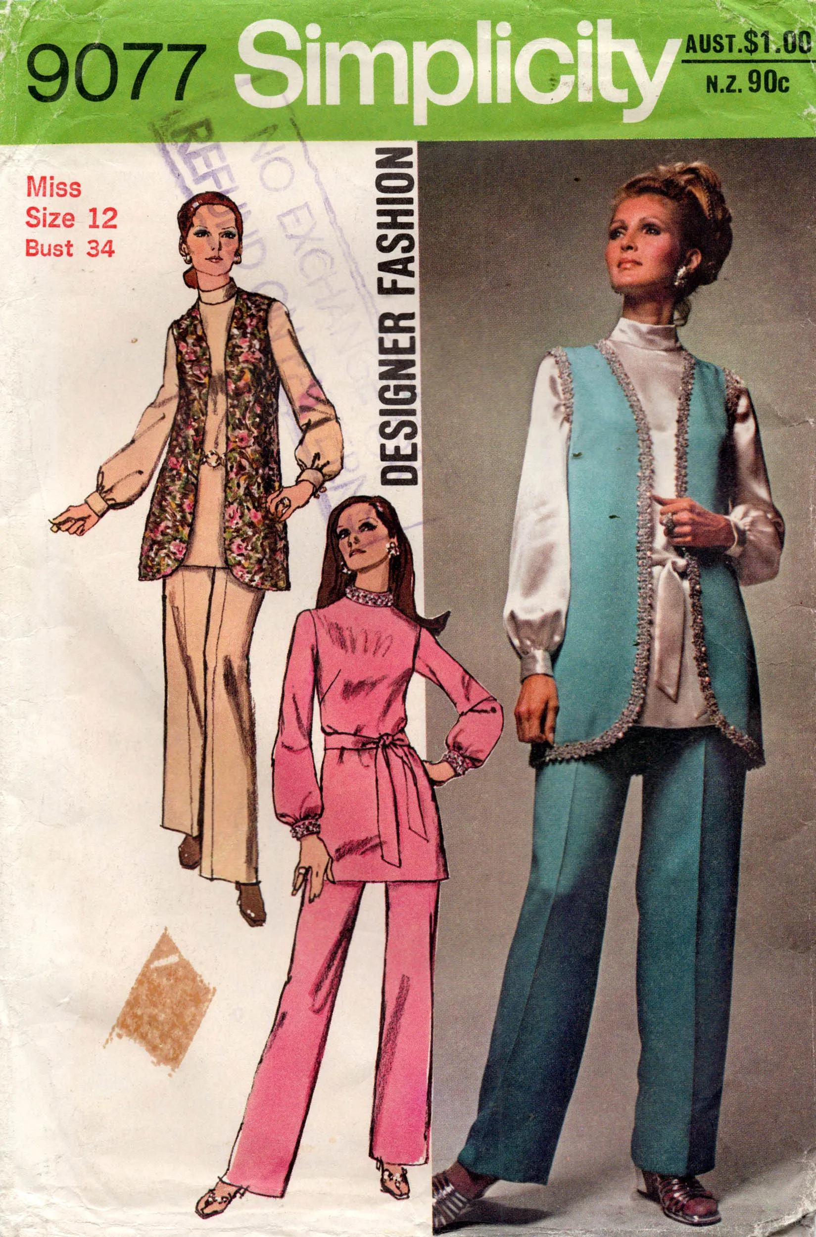 Simplicity 9077 Womens Designer Long Vest Tunic & Pants 1970s Vintage Sewing Pattern Size 12 Bust 34 inches