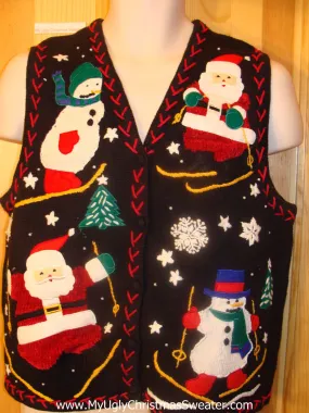 Ski Theme Ugly Christmas Sweater Vest Santa and Snowmen