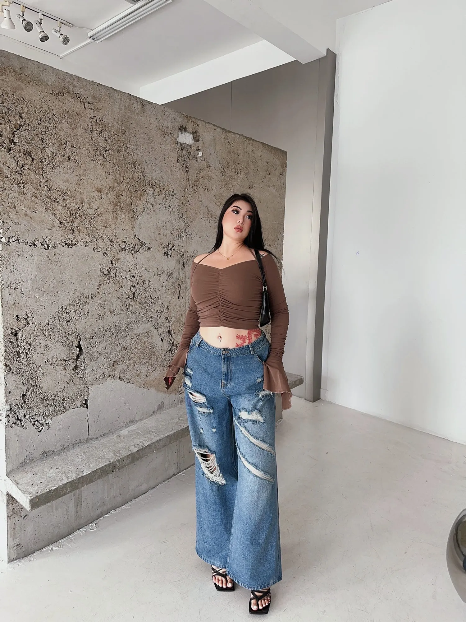 Stacey Denim Blue Ripped High Waist Loose Flared Jeans Pants