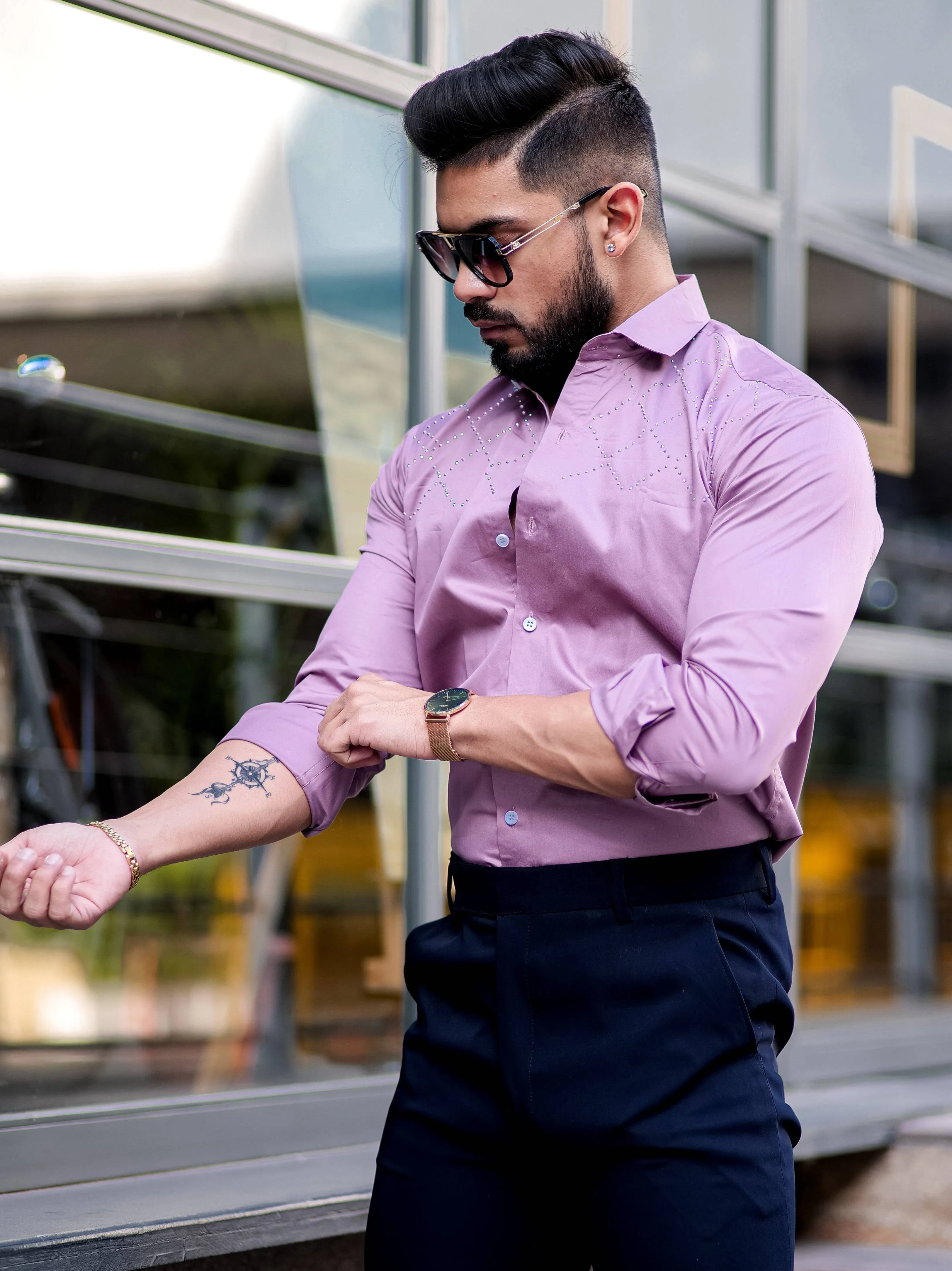 Starry Beaded Purple Premium Cotton Shirt