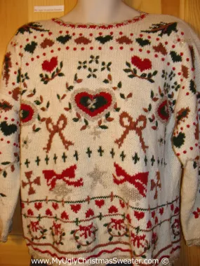 Tacky 80s Christmas Sweater Party Ugly Sweater with Padded Shoulders and Hearts and Bows on Front and Back  (f804)