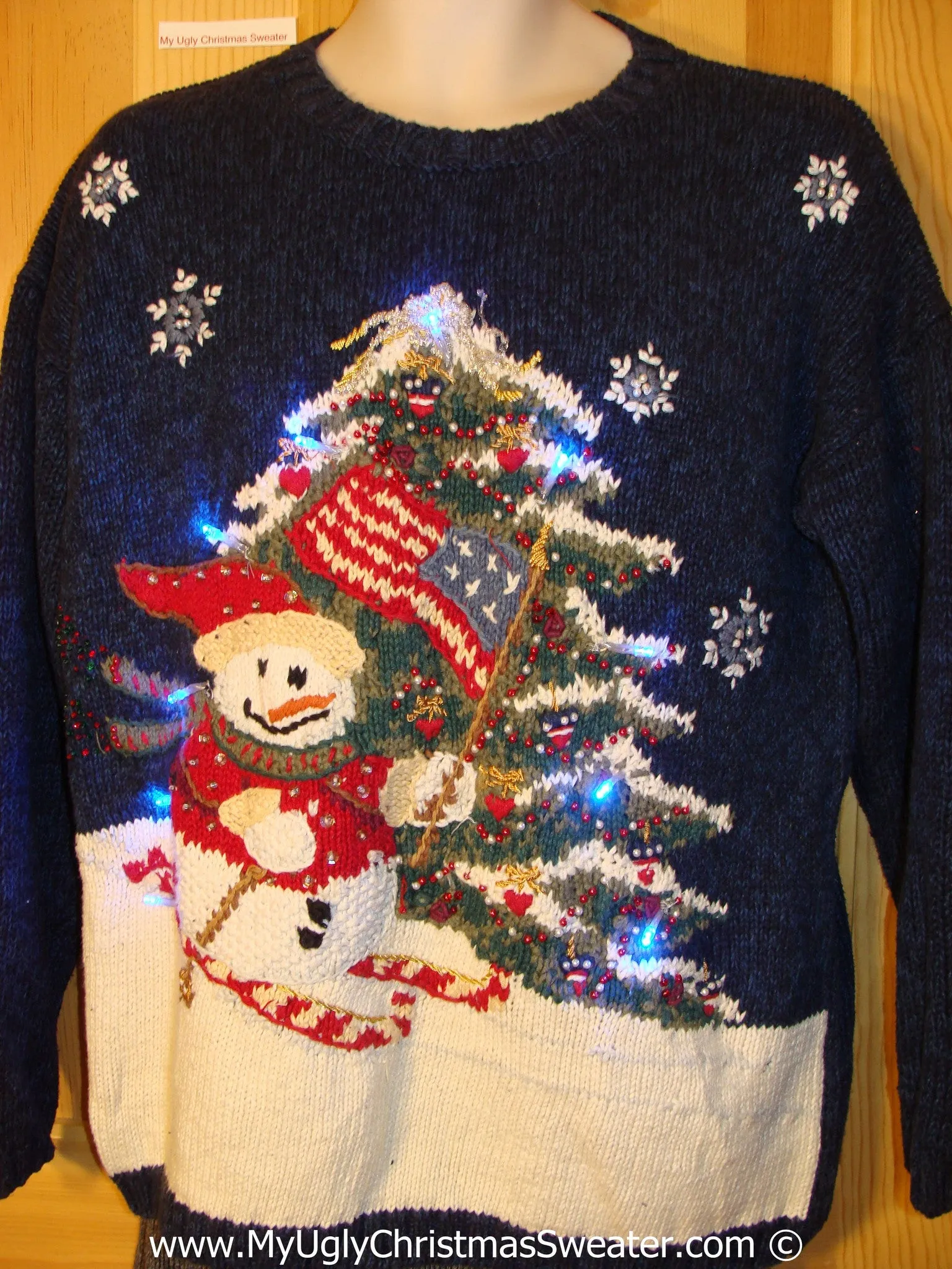 Tacky Xmas Sweater with Lights Snowman Skiing Tree (g135)