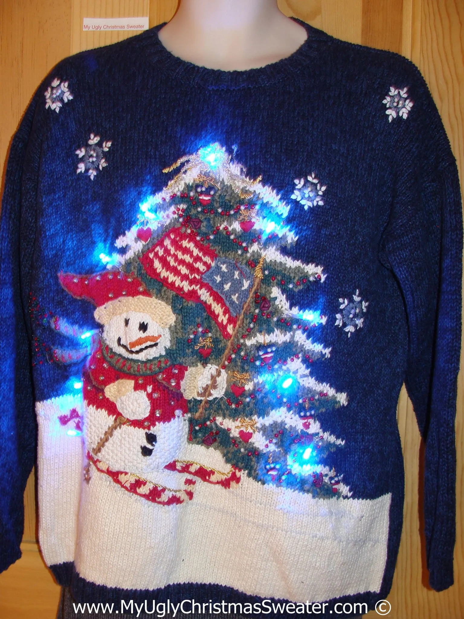 Tacky Xmas Sweater with Lights Snowman Skiing Tree (g135)