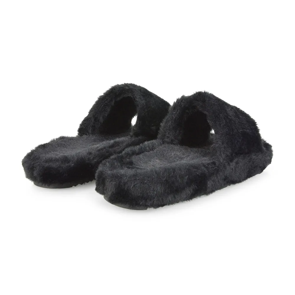 Tally Flat Fluffy Faux Fur Thick Front Strap Slider Women???s Slippers in Blue