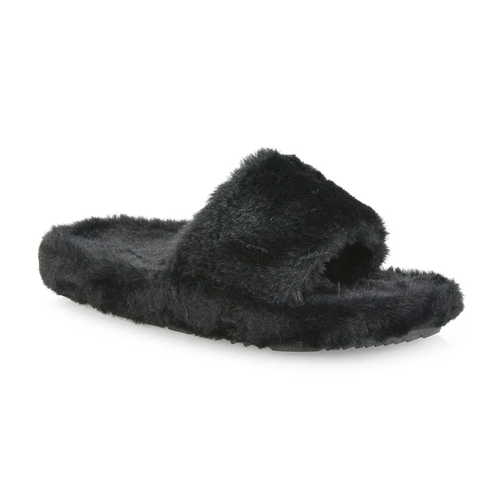 Tally Flat Fluffy Faux Fur Thick Front Strap Slider Women???s Slippers in Blue