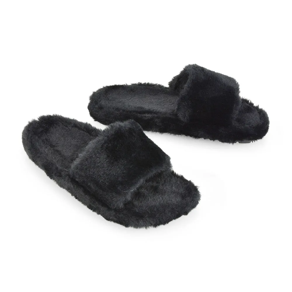 Tally Flat Fluffy Faux Fur Thick Front Strap Slider Women???s Slippers in Blue