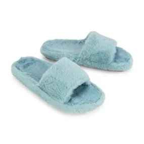 Tally Flat Fluffy Faux Fur Thick Front Strap Slider Women???s Slippers in Blue