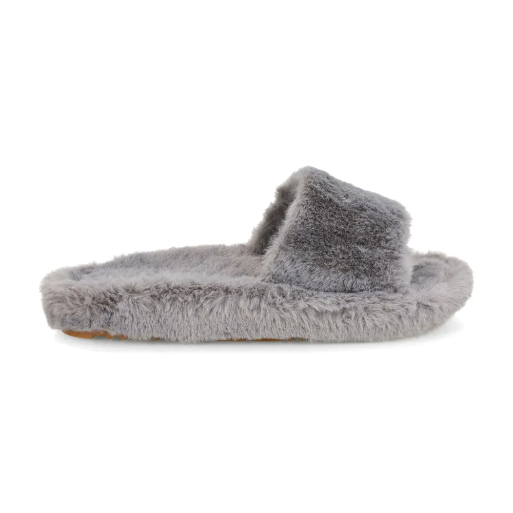 Tally Flat Fluffy Faux Fur Thick Front Strap Slider Women???s Slippers in Blue