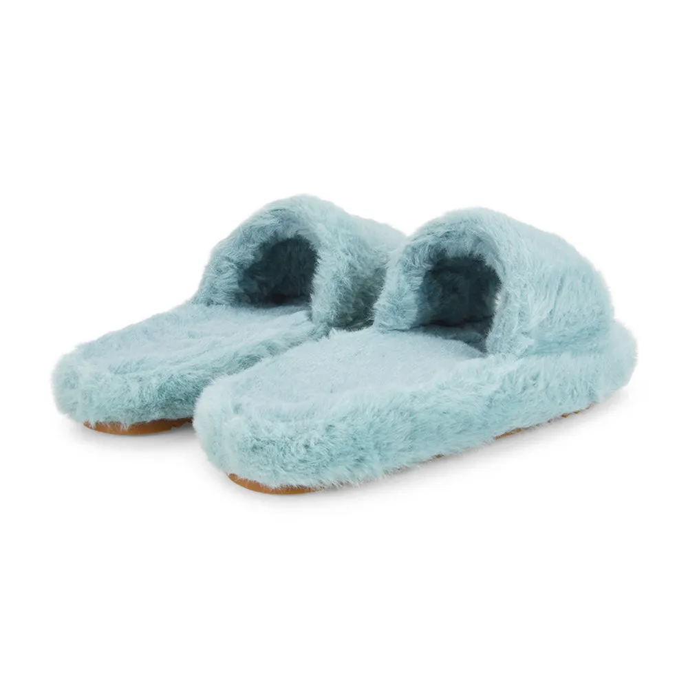 Tally Flat Fluffy Faux Fur Thick Front Strap Slider Women???s Slippers in Blue