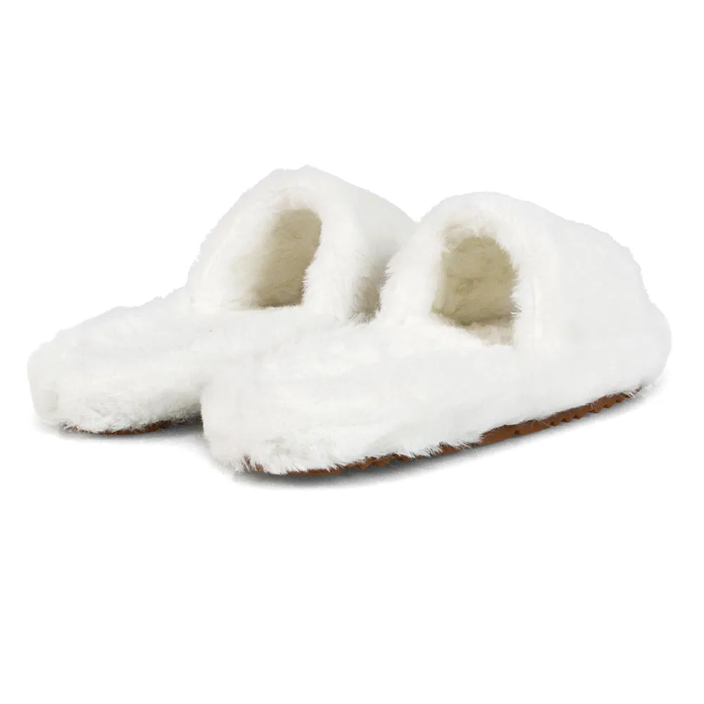 Tally Flat Fluffy Faux Fur Thick Front Strap Slider Women???s Slippers in Blue