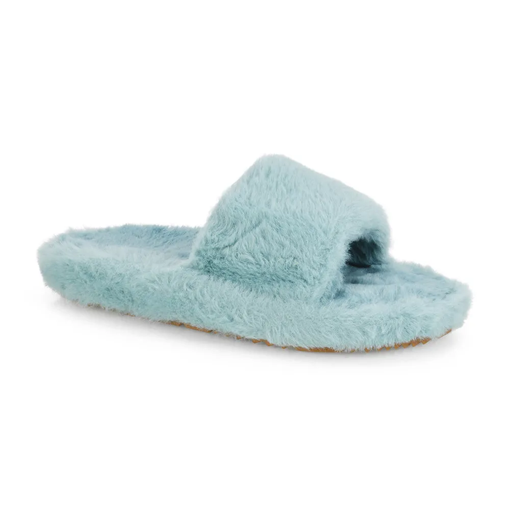 Tally Flat Fluffy Faux Fur Thick Front Strap Slider Women???s Slippers in Blue