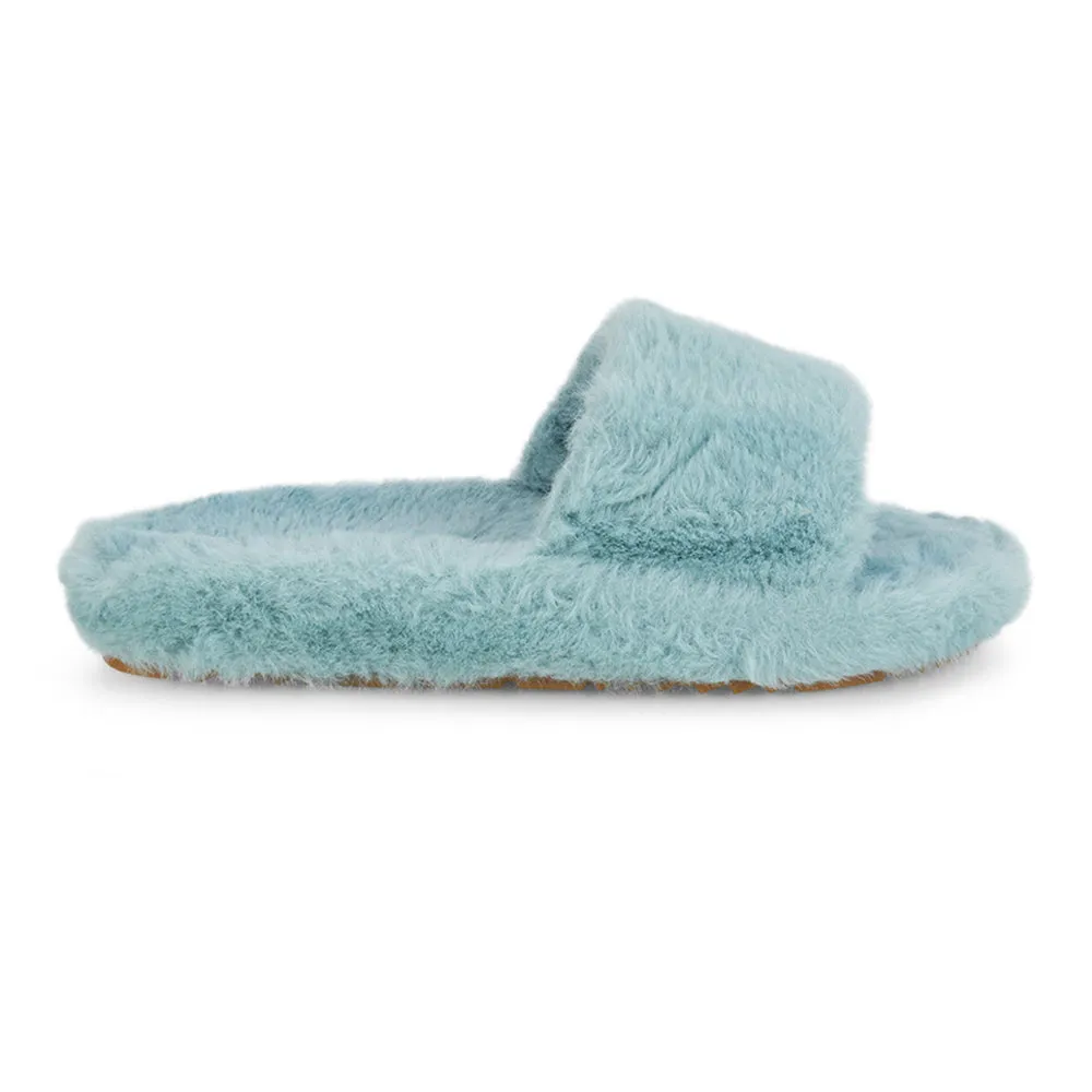 Tally Flat Fluffy Faux Fur Thick Front Strap Slider Women???s Slippers in Blue