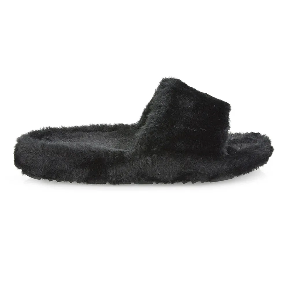 Tally Flat Fluffy Faux Fur Thick Front Strap Slider Women???s Slippers in Blue