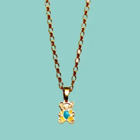 Teddy Bear charm Goldfilled necklace. Cute gold plated bridesmaid necklace, blue enameled.