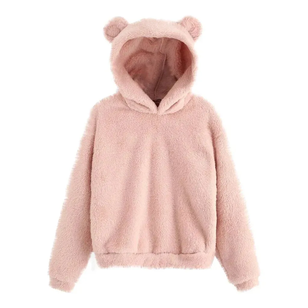 Teddy Bear Ear Women's Hoodie Cute Lightweight Warm Long Sleeve Fleece Kawaii Harajuku Cosplay Girl Furry