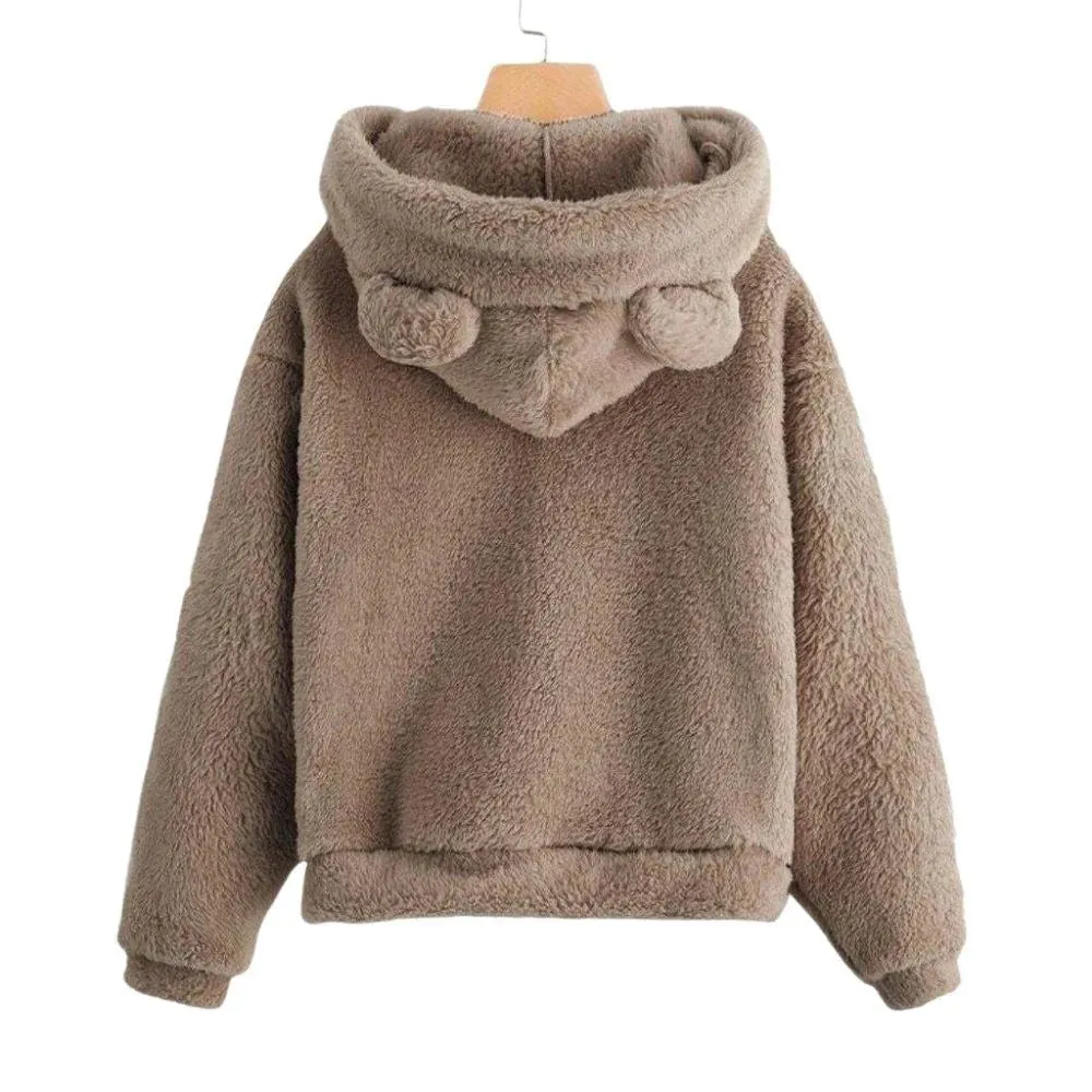 Teddy Bear Ear Women's Hoodie Cute Lightweight Warm Long Sleeve Fleece Kawaii Harajuku Cosplay Girl Furry