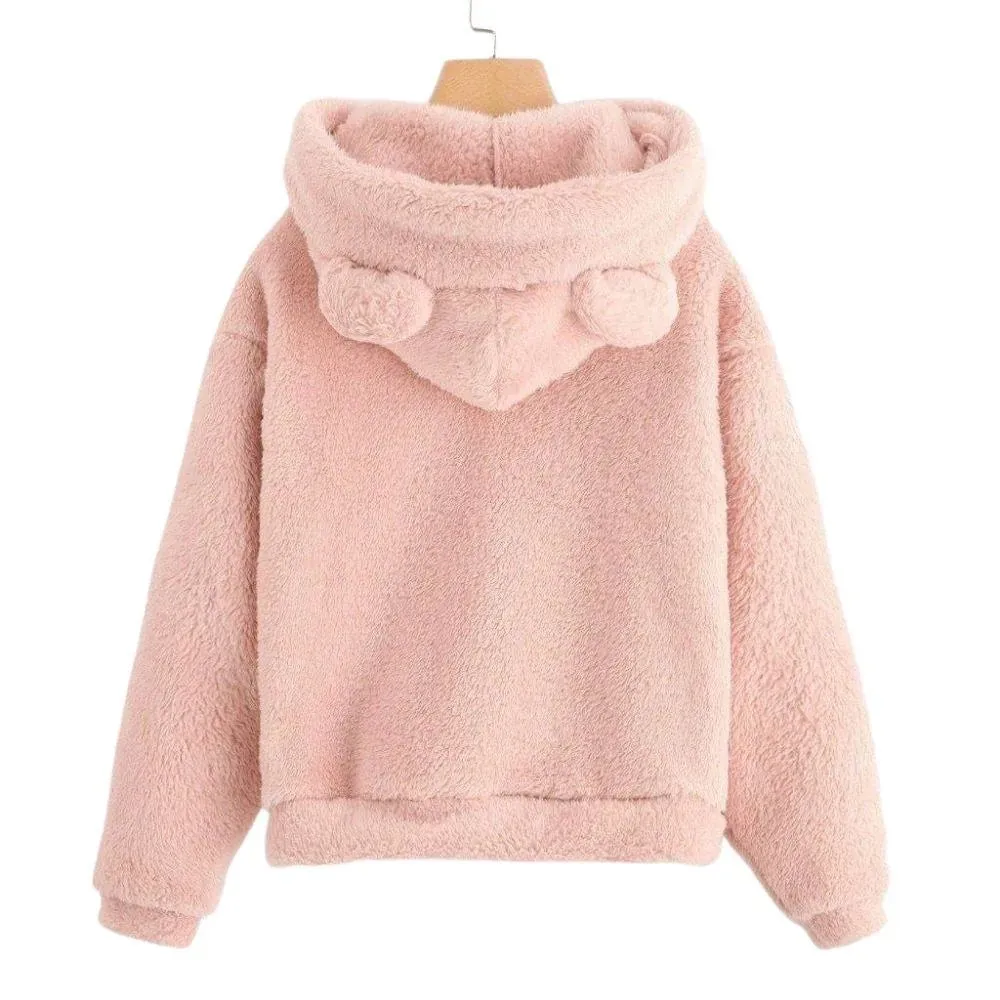 Teddy Bear Ear Women's Hoodie Cute Lightweight Warm Long Sleeve Fleece Kawaii Harajuku Cosplay Girl Furry