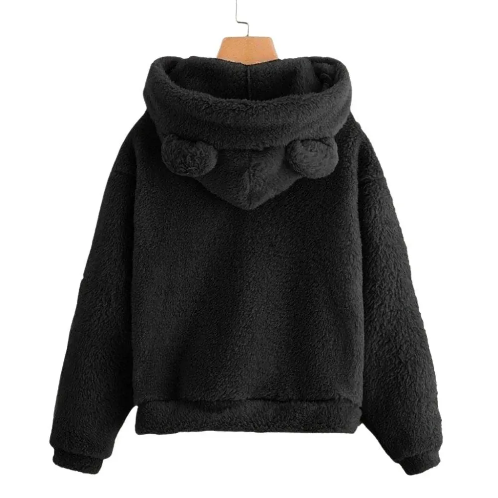 Teddy Bear Ear Women's Hoodie Cute Lightweight Warm Long Sleeve Fleece Kawaii Harajuku Cosplay Girl Furry