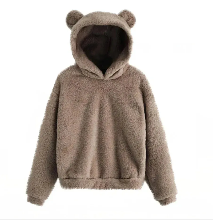 Teddy Bear Ear Women's Hoodie Cute Lightweight Warm Long Sleeve Fleece Kawaii Harajuku Cosplay Girl Furry