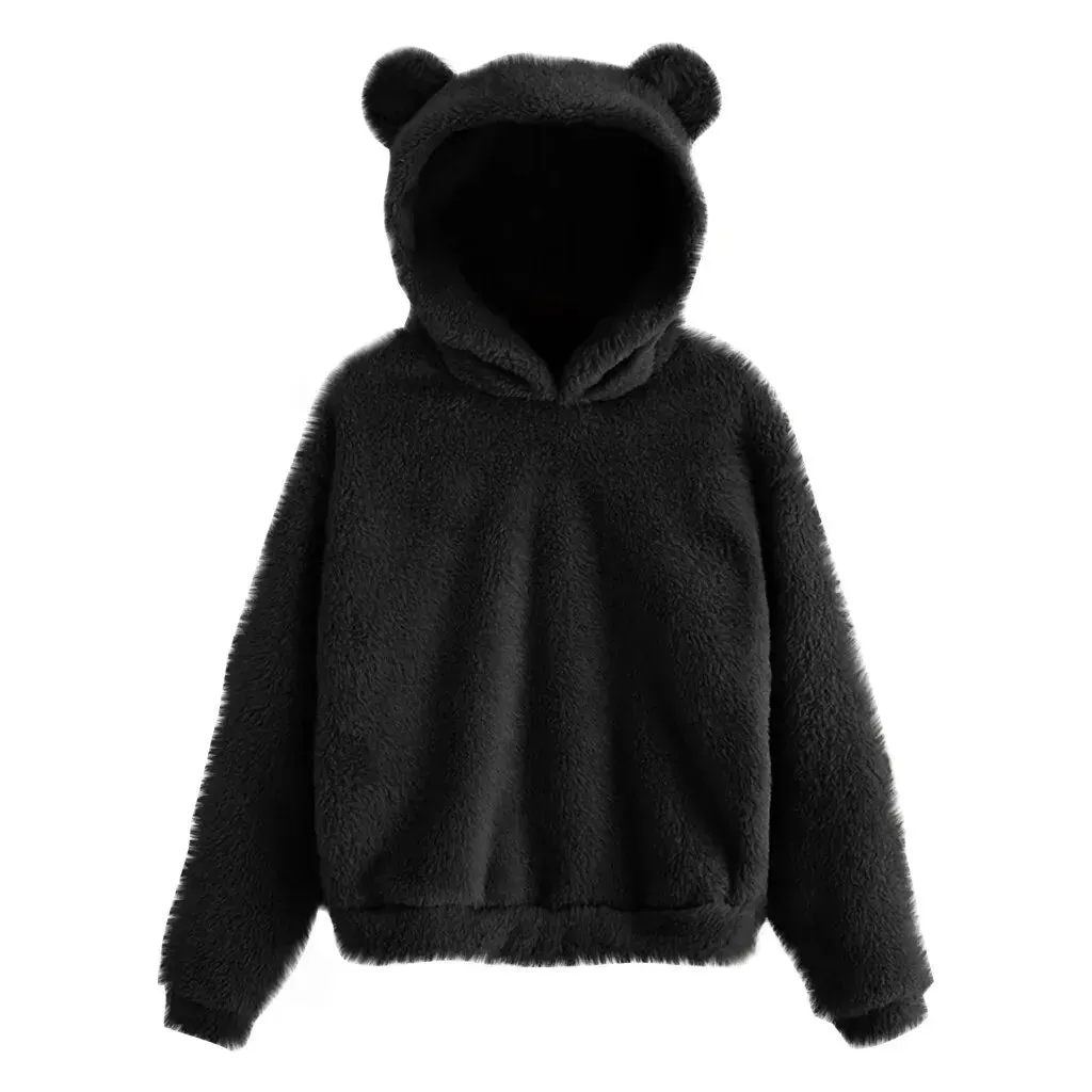 Teddy Bear Ear Women's Hoodie Cute Lightweight Warm Long Sleeve Fleece Kawaii Harajuku Cosplay Girl Furry