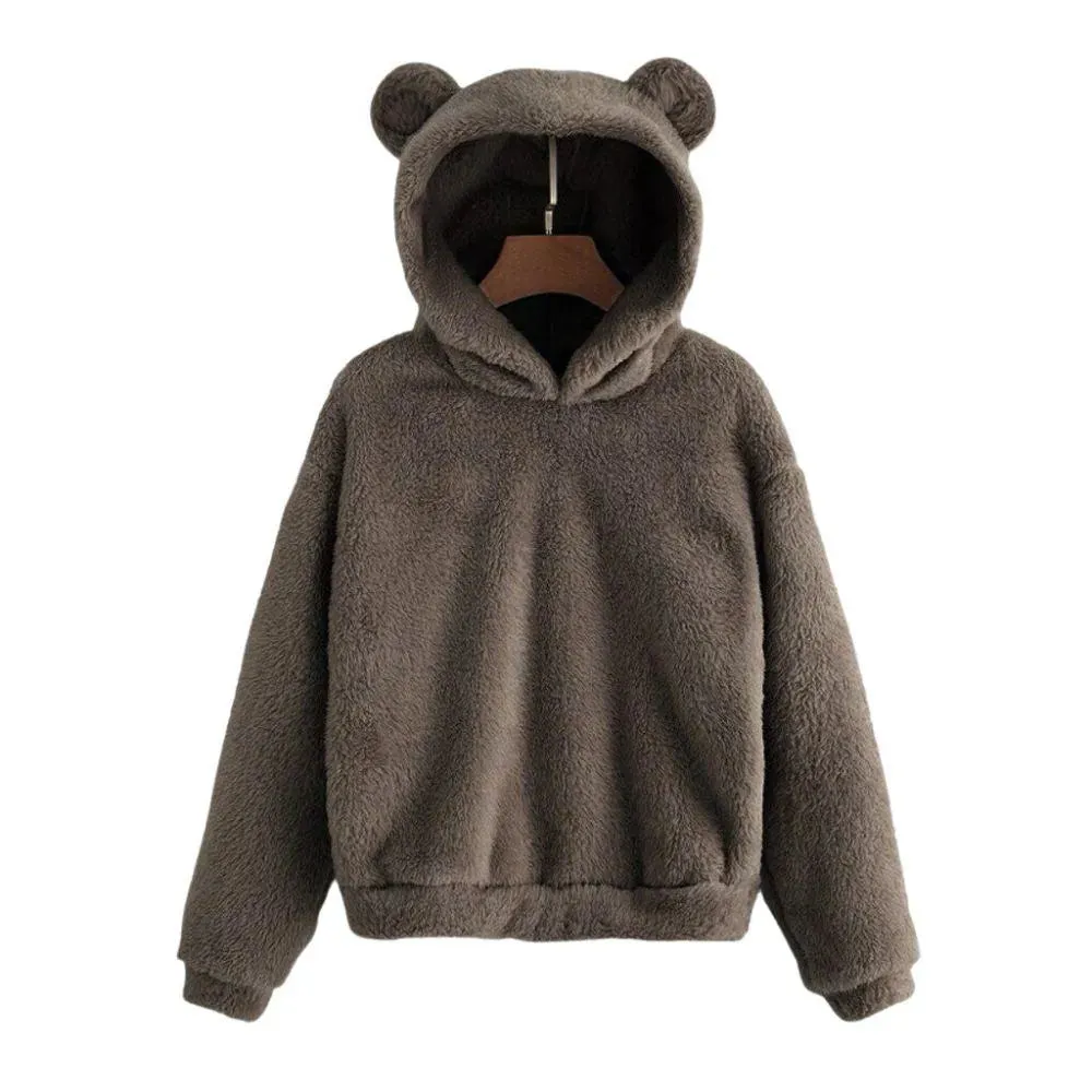 Teddy Bear Ear Women's Hoodie Cute Lightweight Warm Long Sleeve Fleece Kawaii Harajuku Cosplay Girl Furry