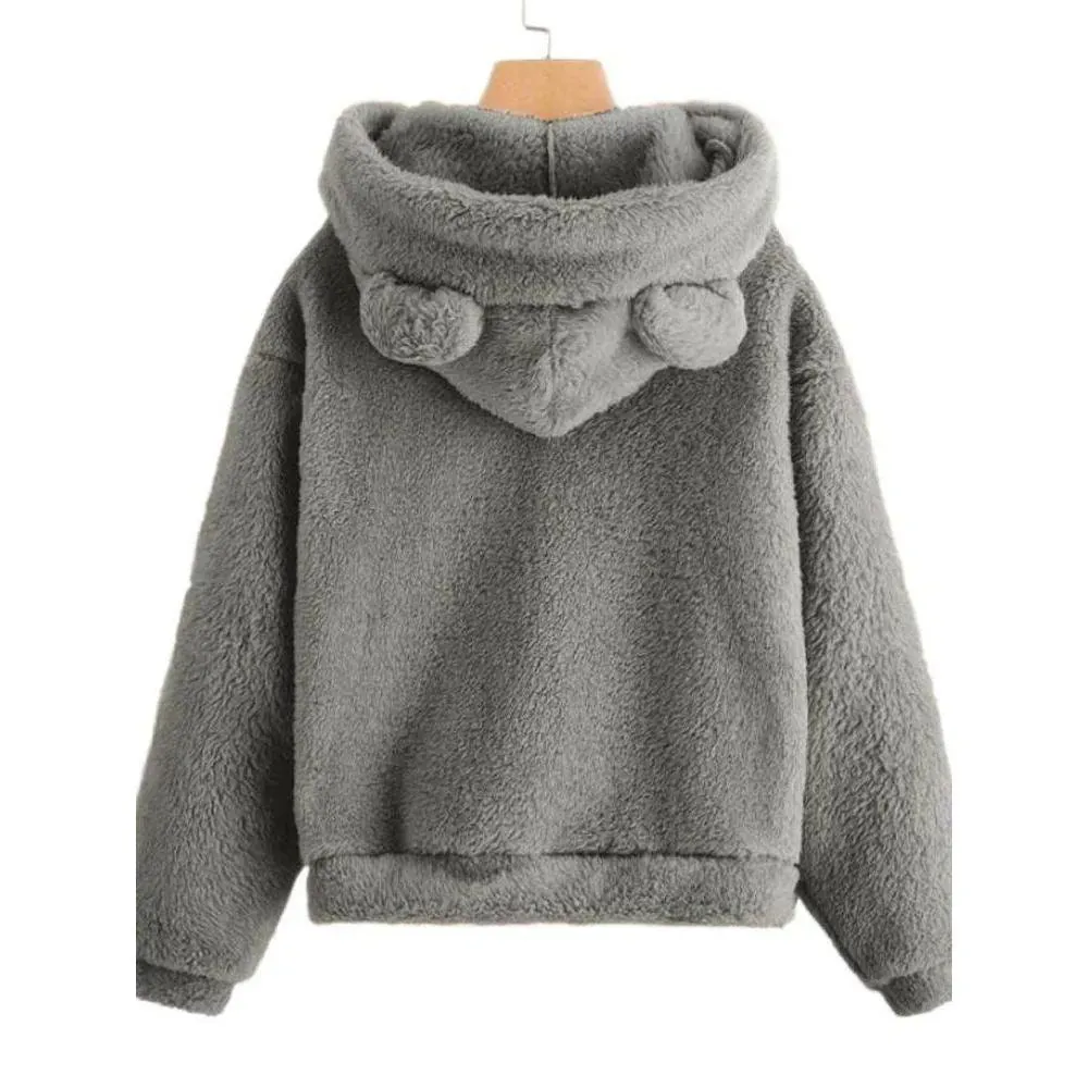 Teddy Bear Ear Women's Hoodie Cute Lightweight Warm Long Sleeve Fleece Kawaii Harajuku Cosplay Girl Furry