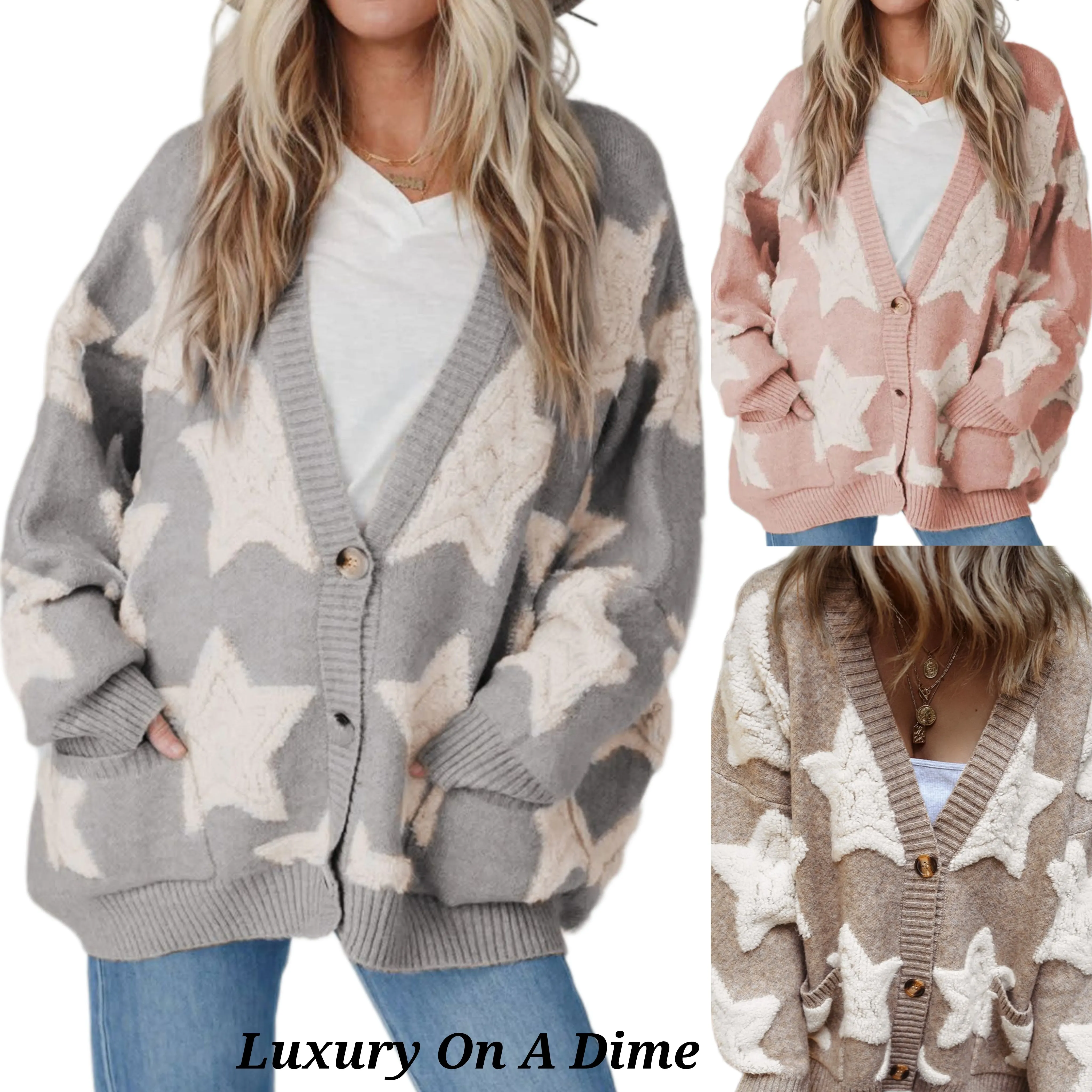 Teddy Sherpa Fuzzy Terry Star Knit Cardigan Long Sleeve Oversized Retro Varsity Button Sweater