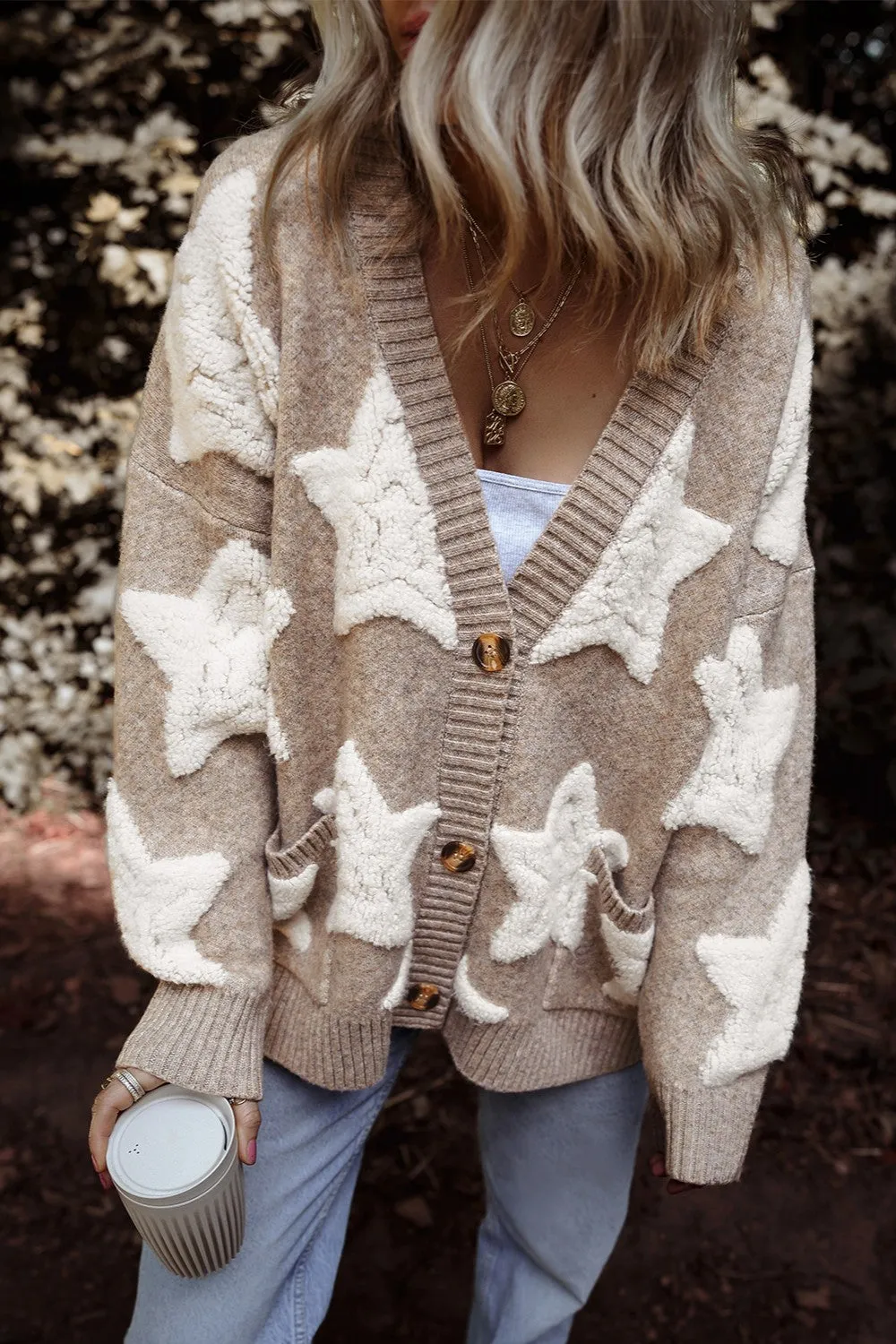 Teddy Sherpa Fuzzy Terry Star Knit Cardigan Long Sleeve Oversized Retro Varsity Button Sweater