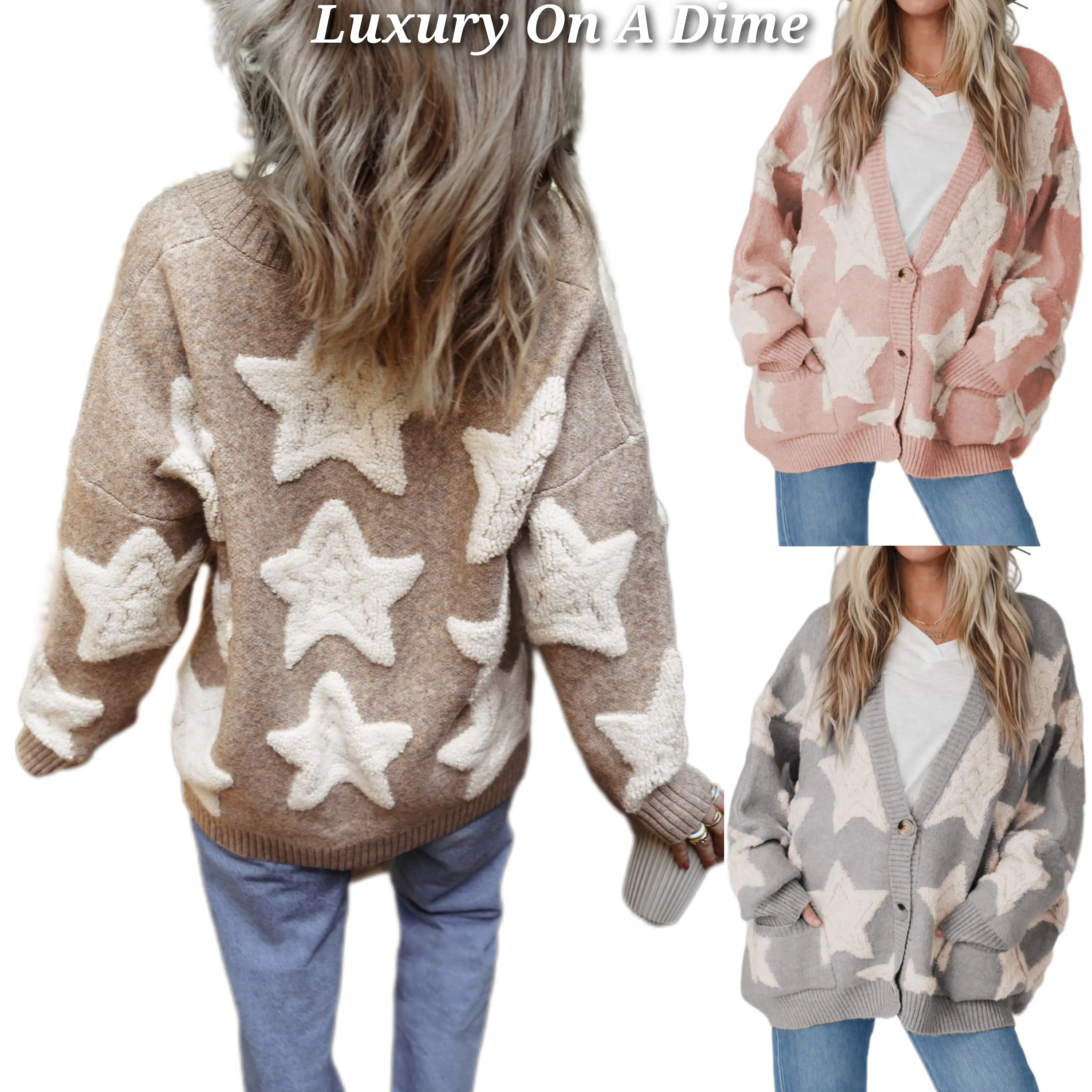 Teddy Sherpa Fuzzy Terry Star Knit Cardigan Long Sleeve Oversized Retro Varsity Button Sweater