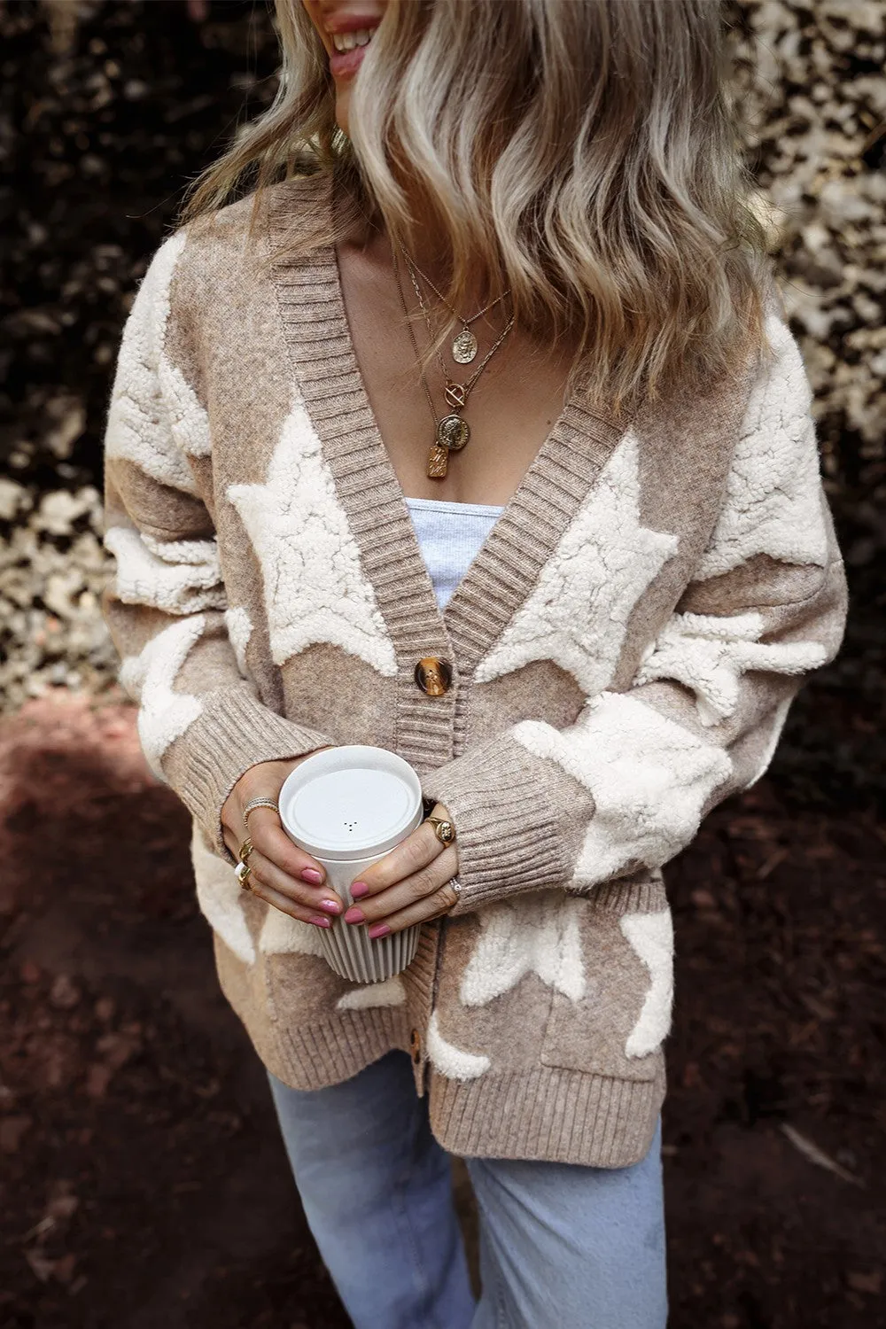 Teddy Sherpa Fuzzy Terry Star Knit Cardigan Long Sleeve Oversized Retro Varsity Button Sweater