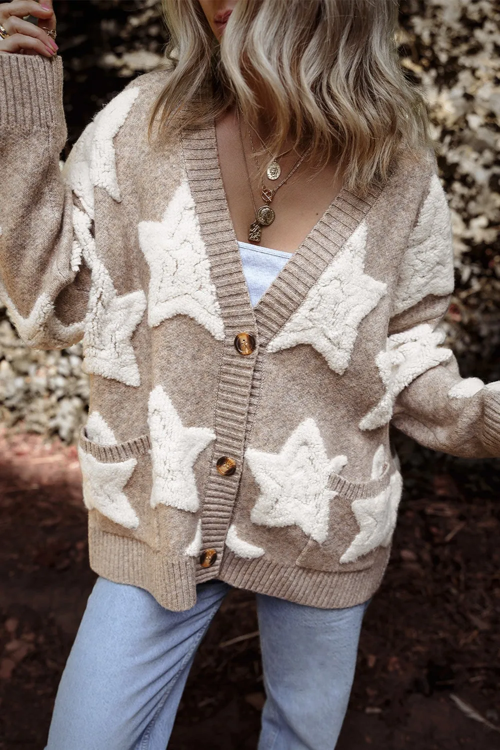 Teddy Sherpa Fuzzy Terry Star Knit Cardigan Long Sleeve Oversized Retro Varsity Button Sweater