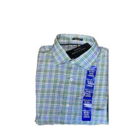 Tommy Hilfiger Men's Regular Fit Stretch Wrinkle Free Dress Shirt Green Plaid