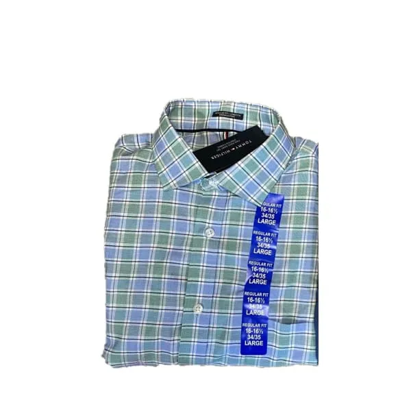 Tommy Hilfiger Men's Regular Fit Stretch Wrinkle Free Dress Shirt Green Plaid