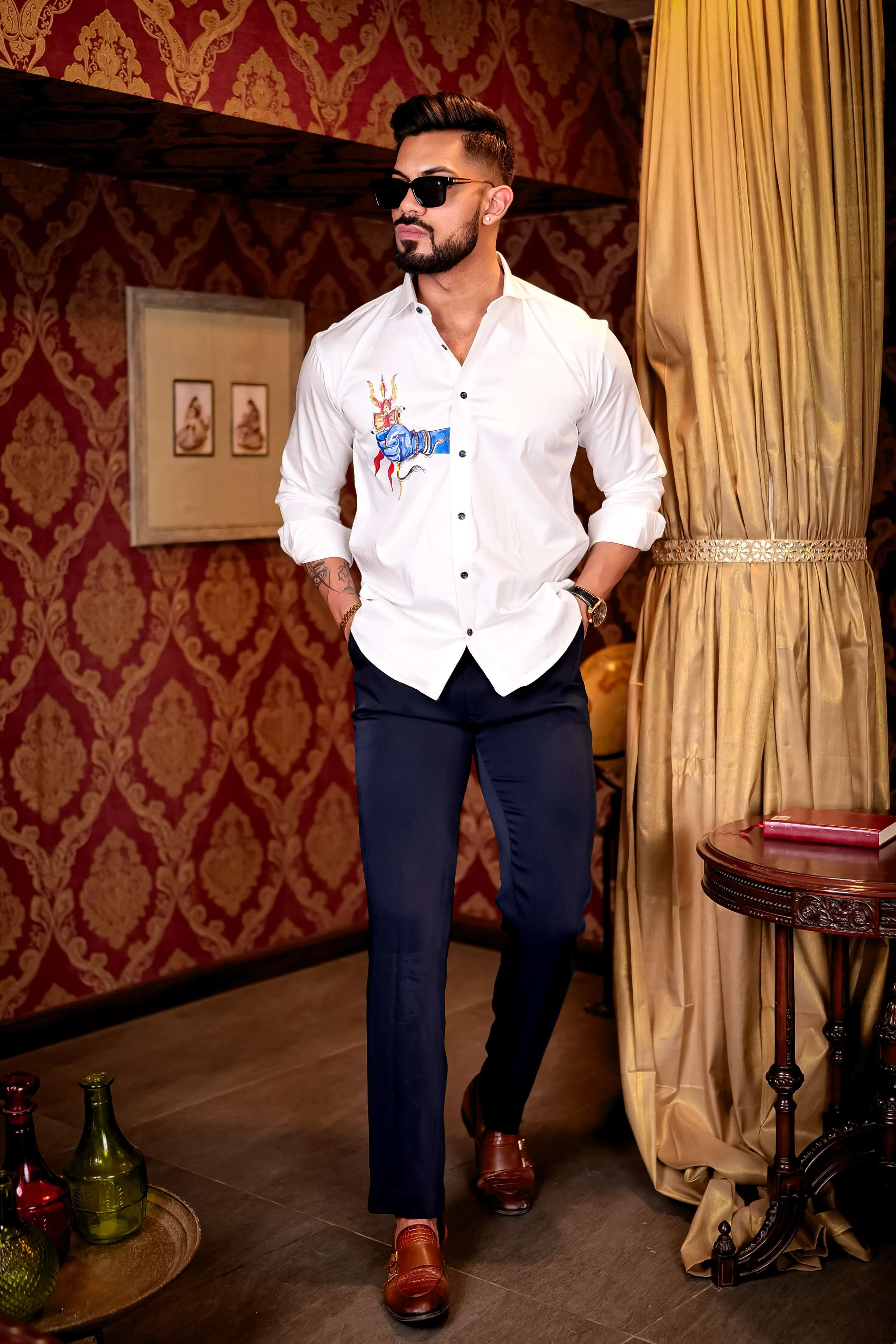 Trishul White Club Wear Printed Satin Cotton Shirt