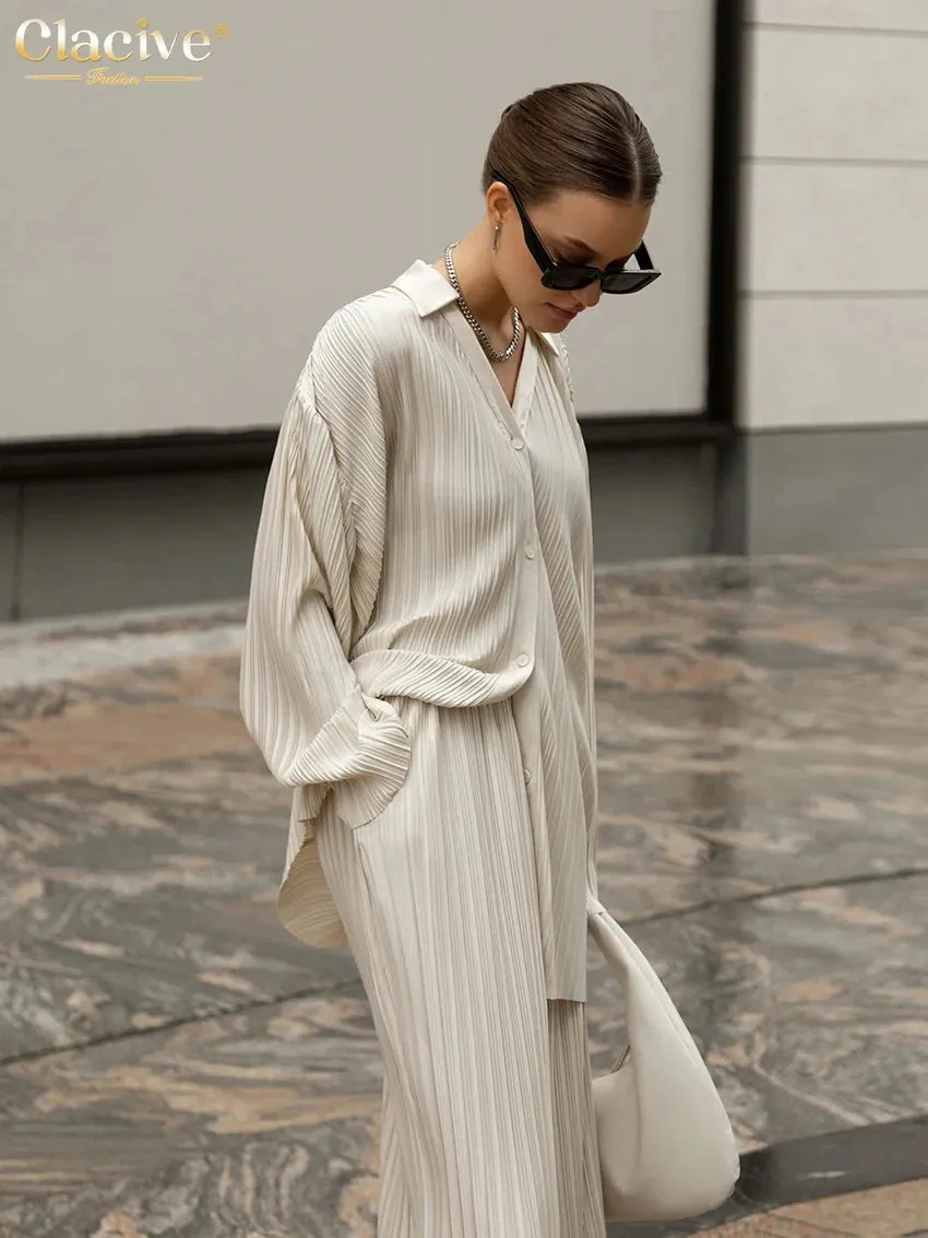 Two Piece Sets Casual Loose Long Sleeve Top & With Slit Wide Trouser Suits