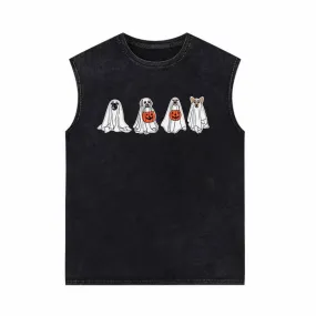 Сute Ghost Dog Pumpkin Head Vintage Washed Vest Top