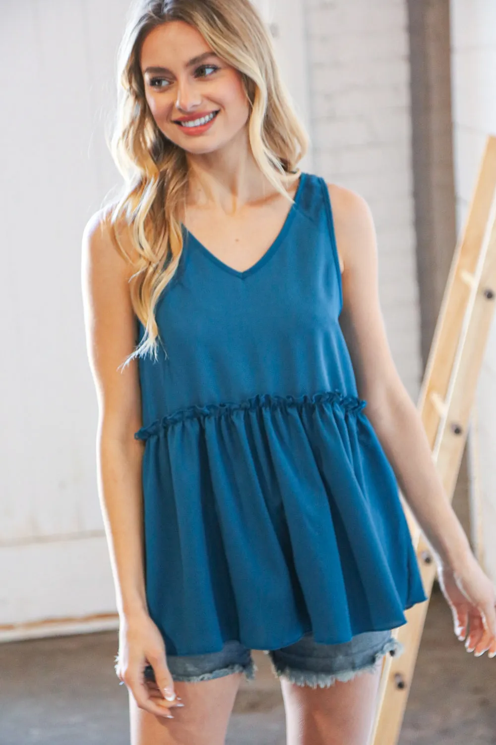 V Neck Sleeveless Ruffle Frill Tunic