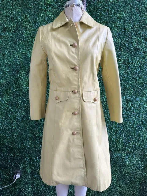 Vintage 70s Pastel Yellow Leather Long Coat with Wood Buttons