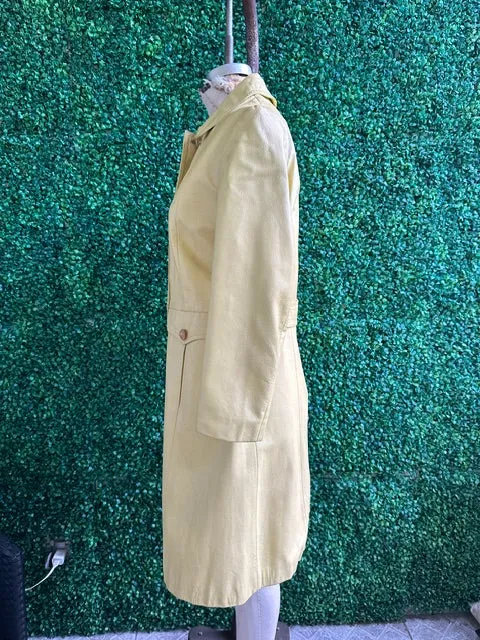 Vintage 70s Pastel Yellow Leather Long Coat with Wood Buttons