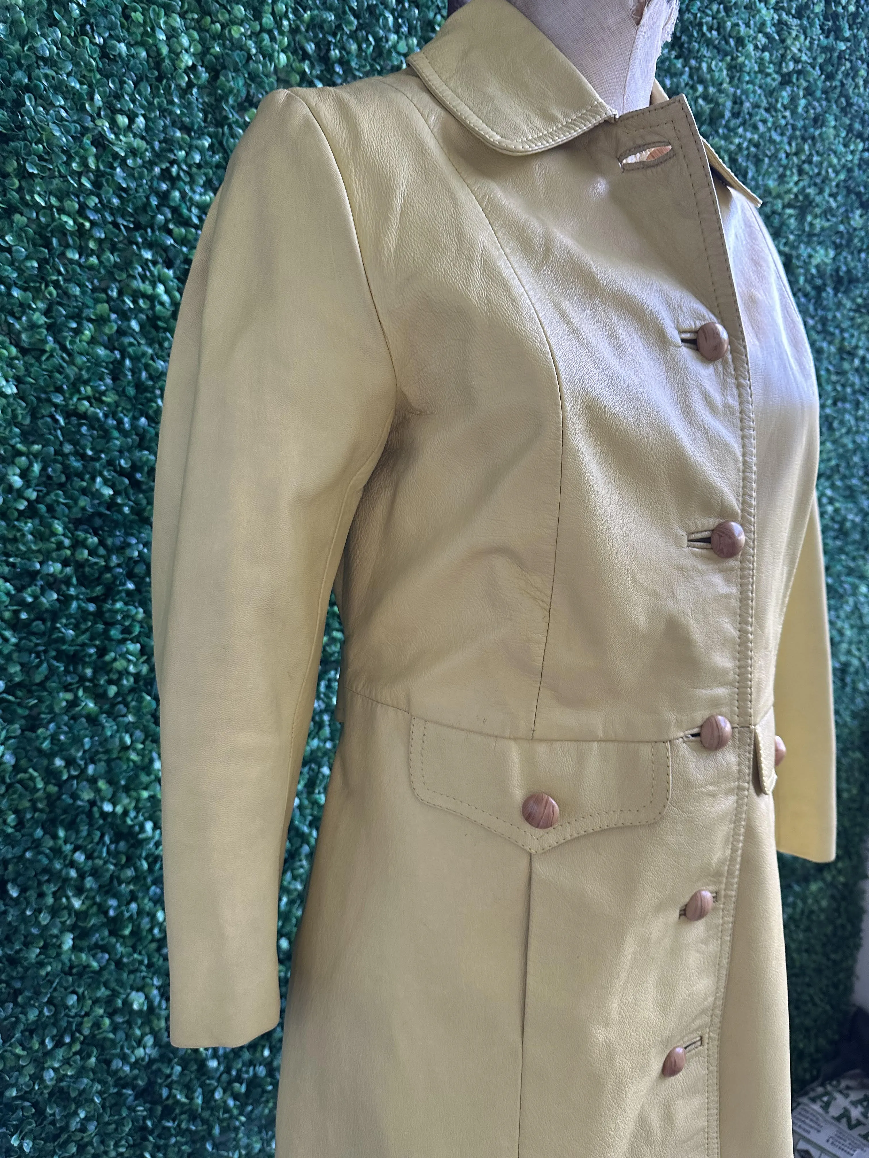 Vintage 70s Pastel Yellow Leather Long Coat with Wood Buttons