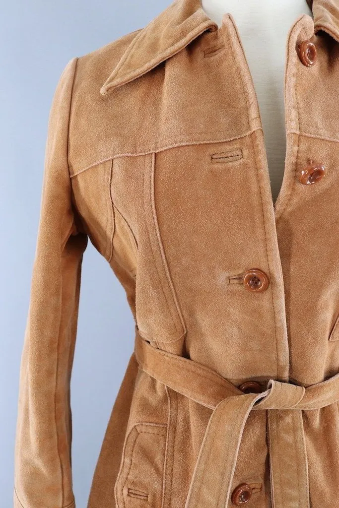 Vintage Caramel Tan Suede Belted Jacket