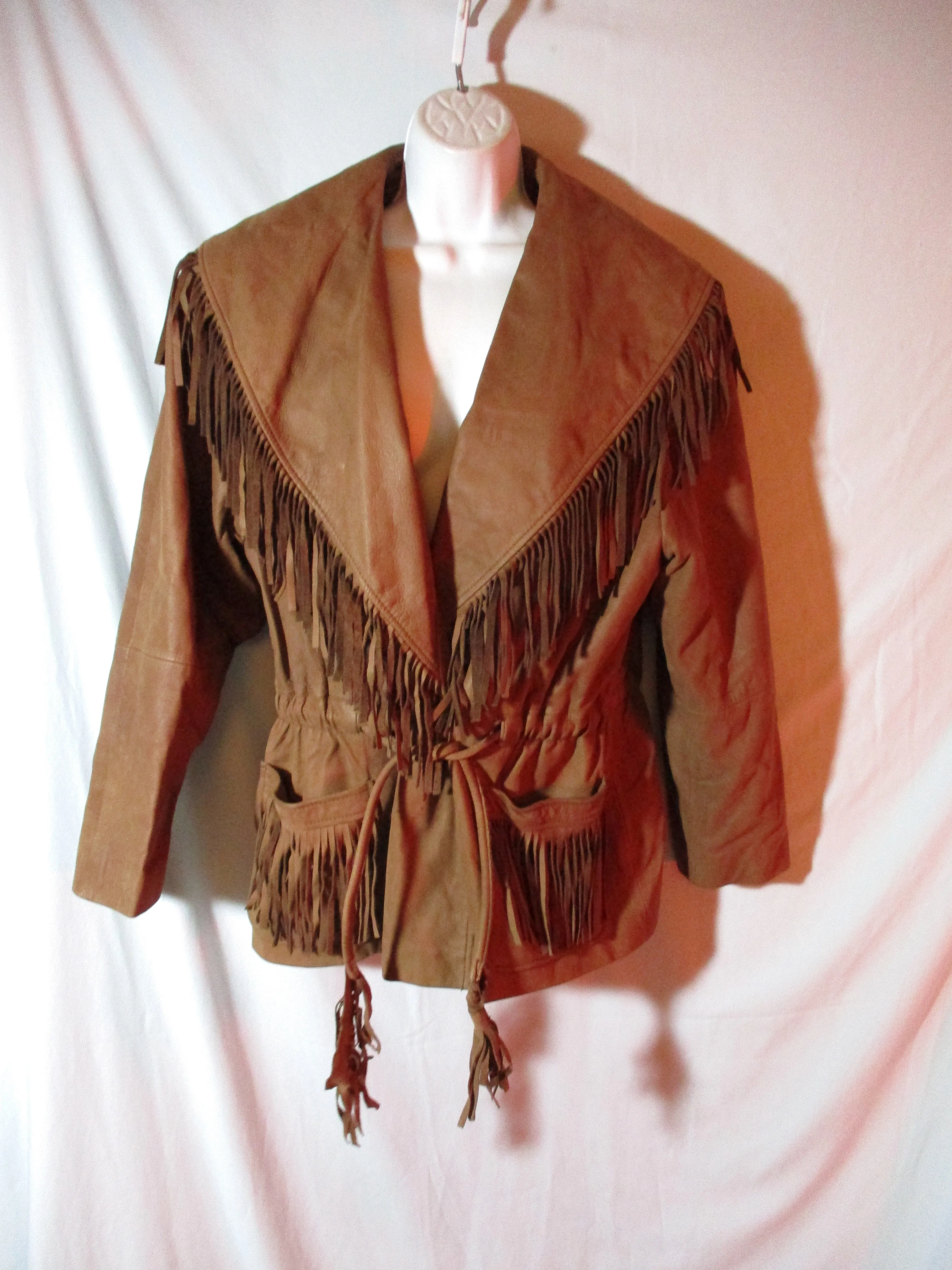 Vintage RZR Cowboy FRINGE Jacket Coat Hippie BROWN L Hippie 1970's Belted