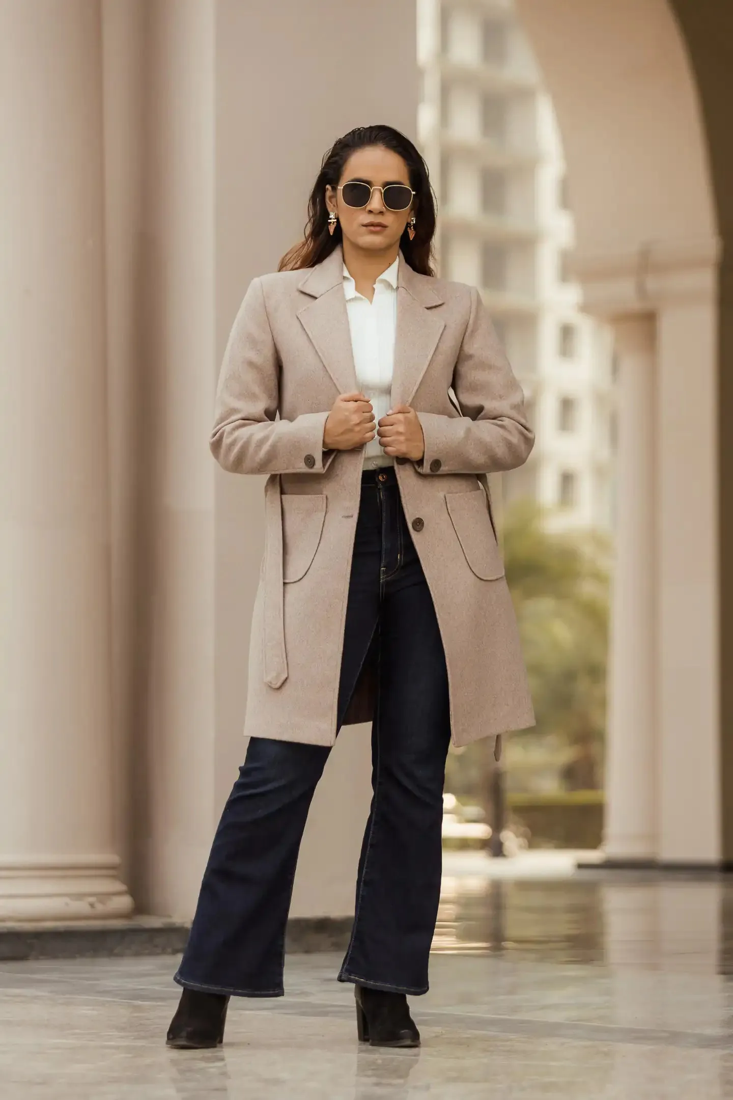 Women Long Coat with Belt