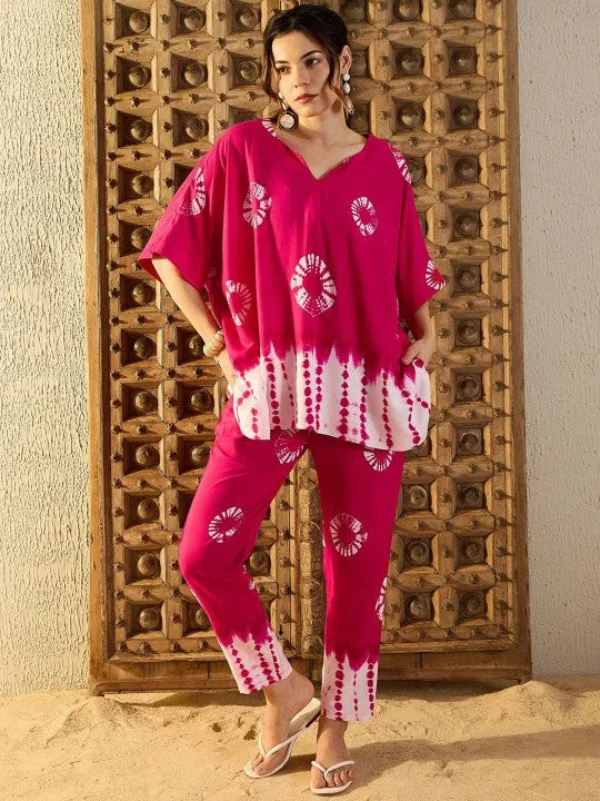 Women Pink Tie & Dyed V-Neck Kaftan Top & Trouser Co-ord Sets