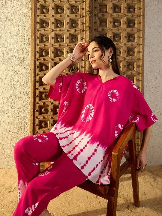 Women Pink Tie & Dyed V-Neck Kaftan Top & Trouser Co-ord Sets